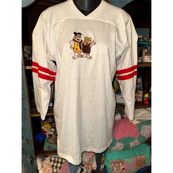 VINTAGE 90's TOO CUTE BRAND FLINTSTONES FOOTBALL JERSEY RAGLAN TEE - Picture 1 of 10